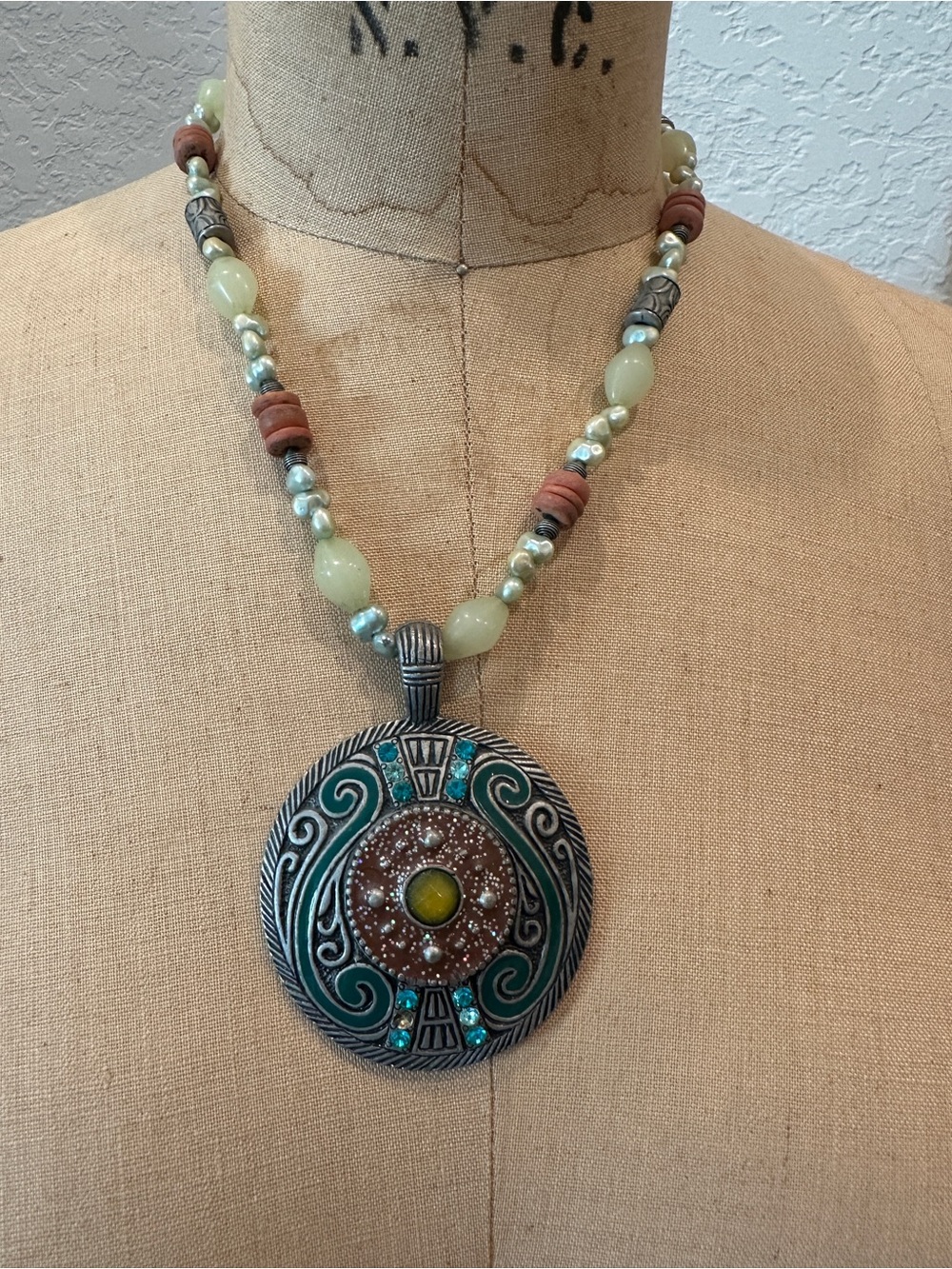 Chico's Teal, Brown and Pale Green Round Pendant Necklace